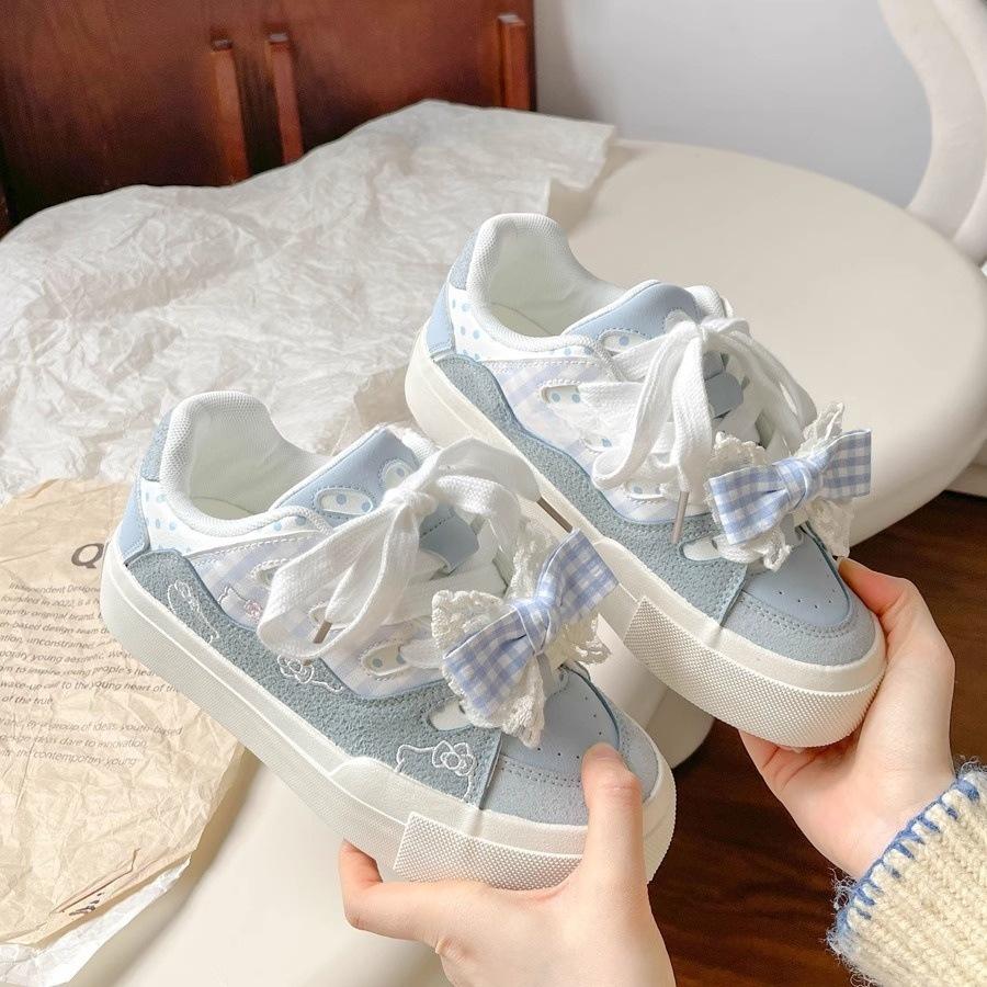 Fashion Cute Bow Knot Board Shoes Women 2025 Spring Autumn New Platform Student Casual Shoes Comfortable Height Increase Lace Up Flats