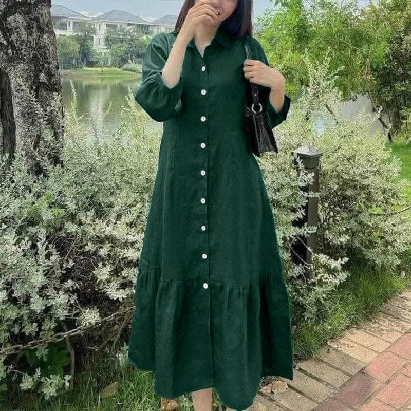 ZANZEA Women Casual Turn Down Collar Solid Color 3/4 Sleeve Loose Dress