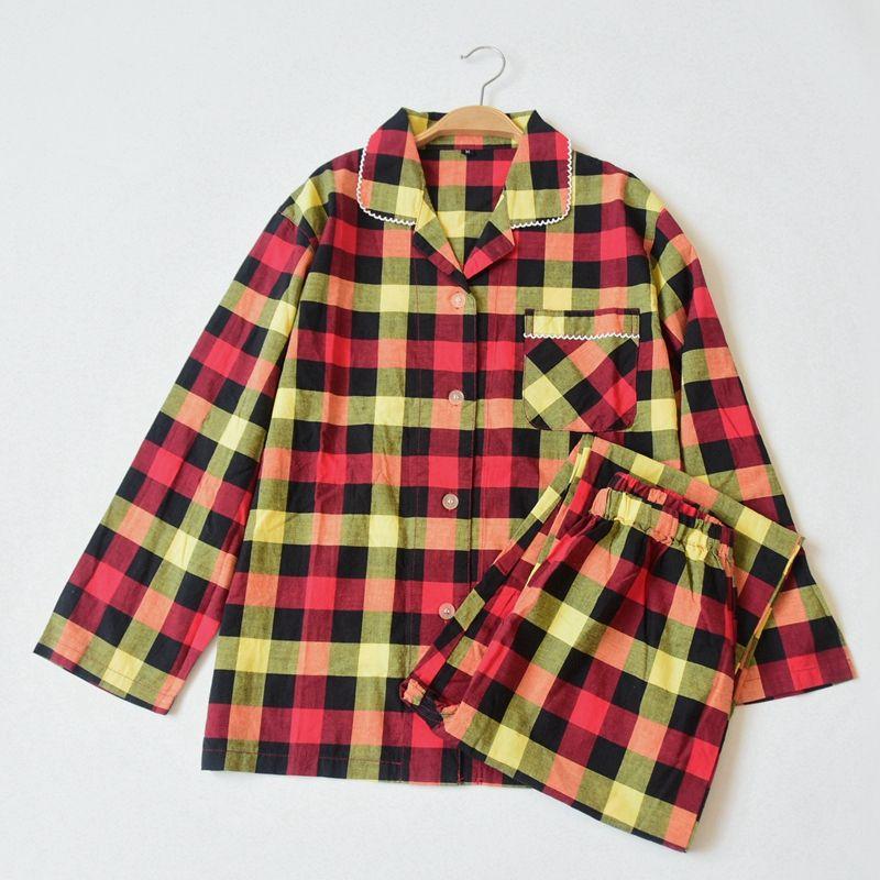 

Outer Single Spring and Summer Thin Women s Pure Cotton Gingham Pajamas Suit Simple Lapel Breathable Casual Homewear Air Conditioning Clothes Red and yellow grid M