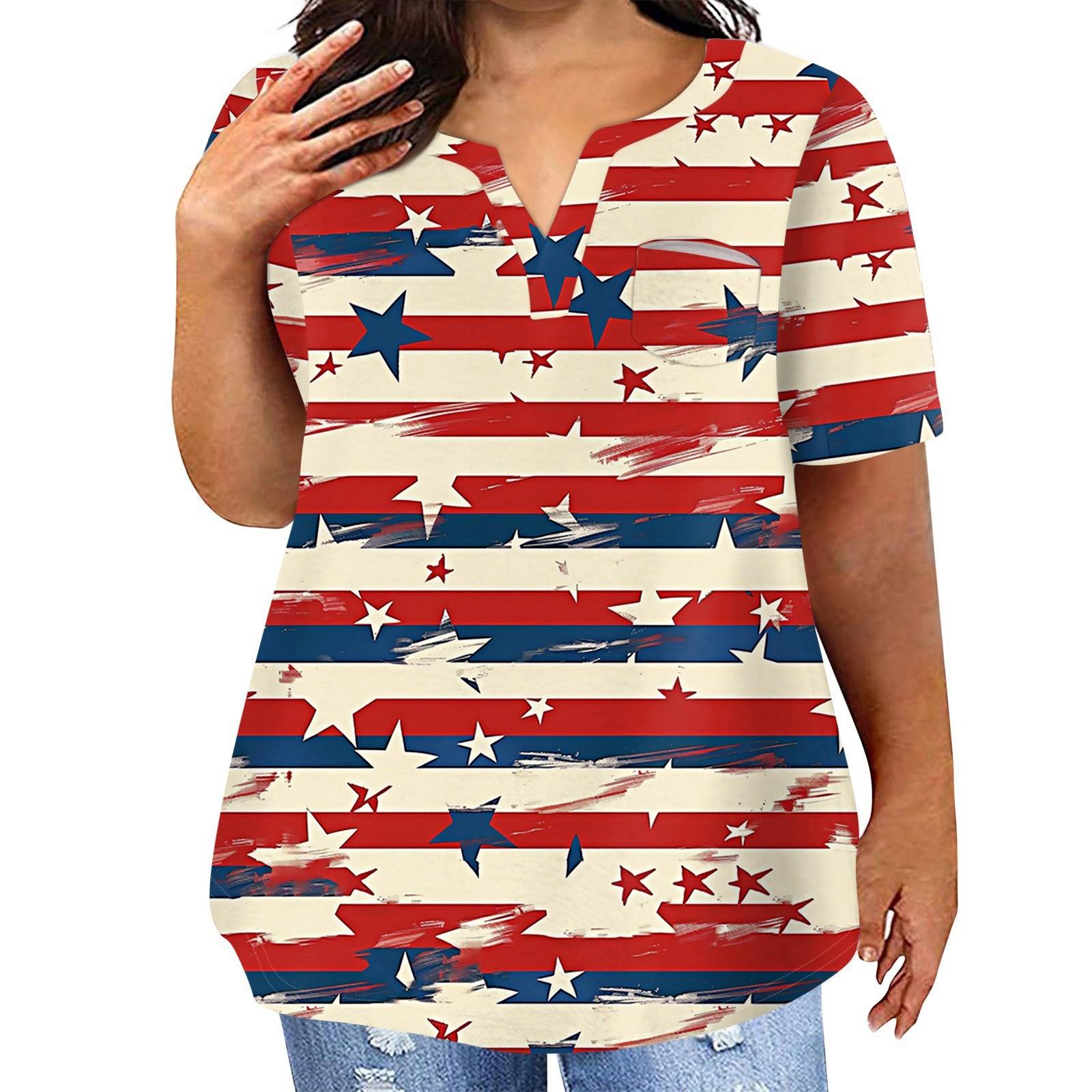 

Женская футболка большого размера, повседневный топ с карманами и V-образным вырезом с короткими рукавами XL арбуз красный