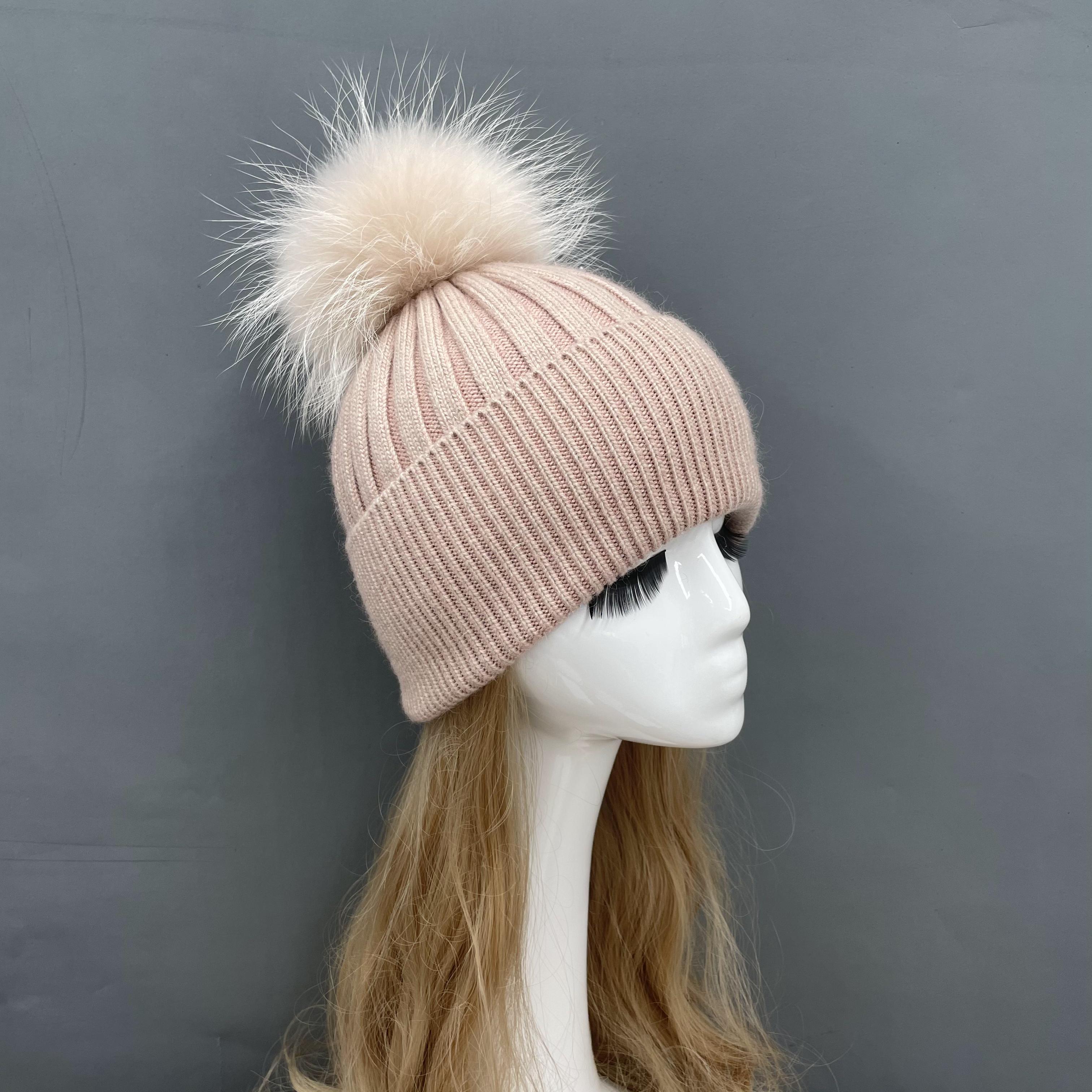 Fashion Women s Winter Knitted Fur Beanie Hats With Real Raccoon Fur Ball  Fur Pom Poms Hats
