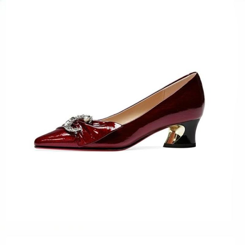 Women's Chunky Heel Pumps, New Spring/Fall Collection, Red Pointed-Toe Leather Shoes, Plus Size Mid-Heel Soft Leather Women's Shoes