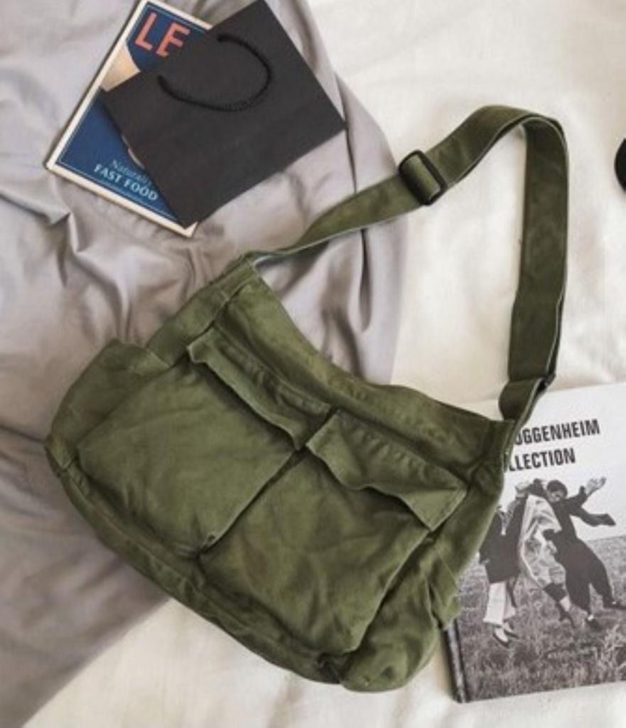 Khaki Newspaper Unisex Canvas Messenger Bag with American Casual Bag, Pockets, Style, [Used]
