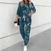 Women Floral Print Two Piece Outfit, Long Sleeve Crew Neck Top & Drawstring Jogger Pants Casual Tracksuit for Spring Autumn