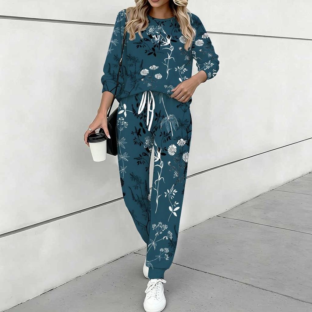 Women Floral Print Two Piece Outfit, Long Sleeve Crew Neck Top & Drawstring Jogger Pants Casual Tracksuit for Spring Autumn