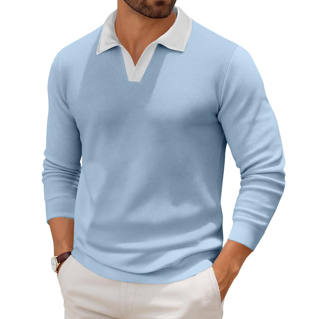 Men's Casual Color-Block Collared Long-Sleeve Knit Base Layer Top