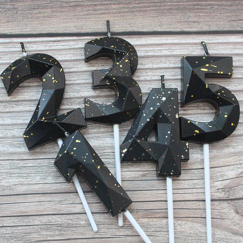 New Product Birthday Party Cake Decoration Space-time Number 0-9 PVC Boxed Black Gold Lighted Candle