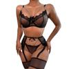 1 Set Sexy Bra Panties Girdle Set Hollow Out See-through Lace Chain Decor High Waist Chain Decor Fishnet Elastic