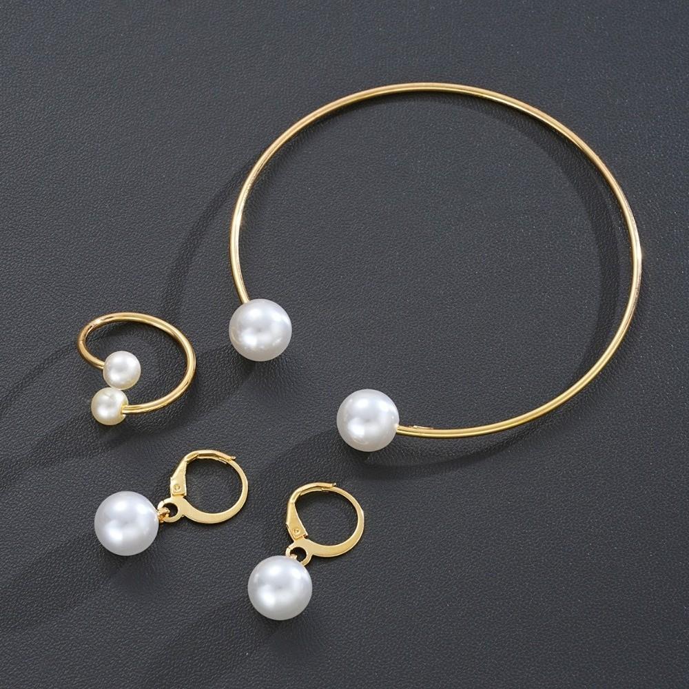 Vintage Style Imitation Pearl Earrings Ring Bangle Simple Design Gold Color Jewelry  Party