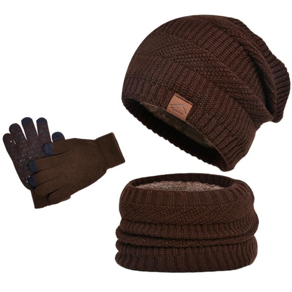 3pcs Warm Hat Scarf Gloves Set Solid Color Winter Beanie Hat Hiking Thermal Knit Cap  Cold Weather