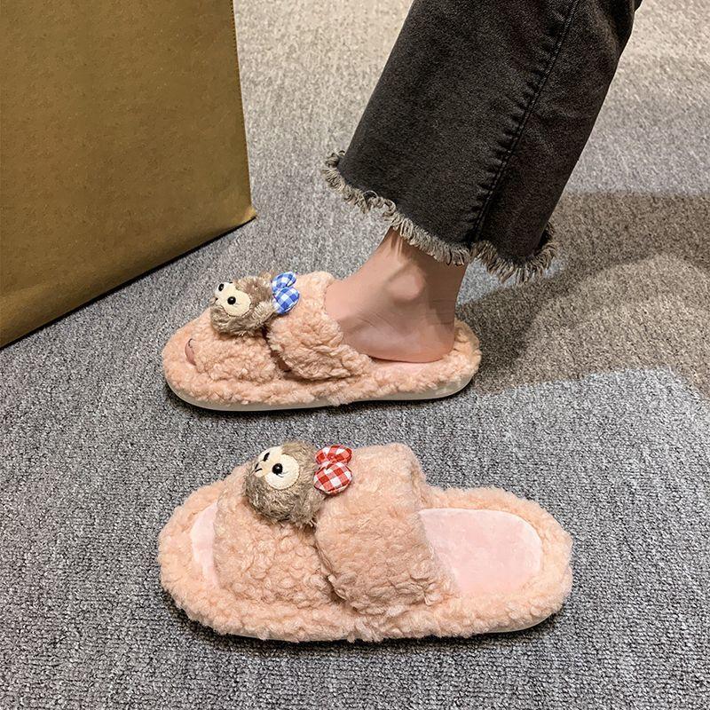 2025 autumn and winter new cartoon fluffy slippers women wear fashionable and cute non-slip warm women's one-word slippers