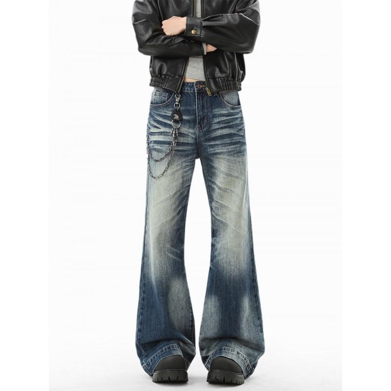 Mens Blue Washed Denim Jeans Slim Flare Vintage Streetwear Pants