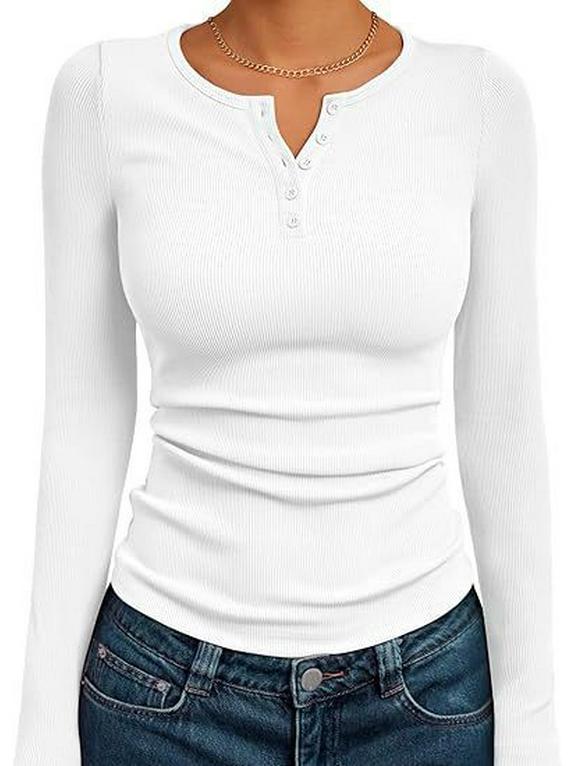 Damska prążkowana koszulka Henley z długim rękawem, dopasowana, na jesień