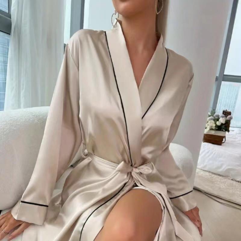 Solid Satin Night Robe Elegant Long Sleeve V Neck Pajamas With Belt Sexy Women Sleepwear
