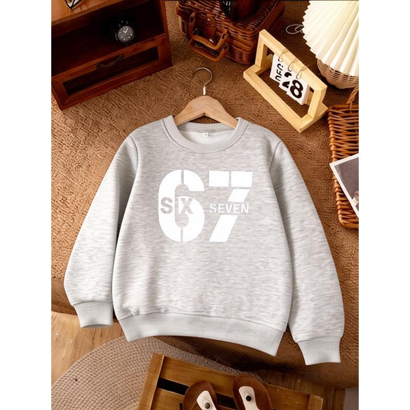 Kids Unisex Crewneck Sweatshirt, Minimalist Block Split 67 SIX SEVEN White Print Long Sleeve Pullover, Soft Fleece Sweatshirts for Boys Girls Ages 4+