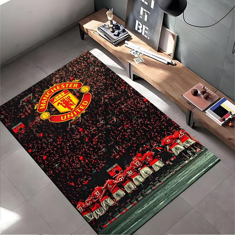 Sports Area Rug, Manchester United Old Trafford Crowd Team Crest Poster, Fan Cave Decor, Non-Slip Mat