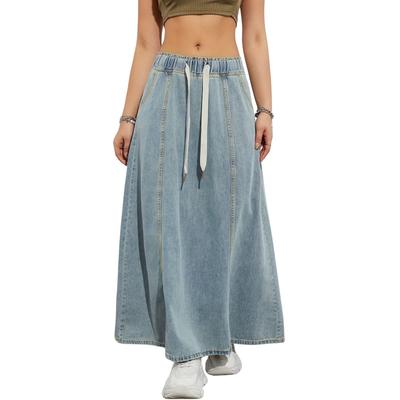Fustă lungă evazată din denim casual pentru femei, cu talie înaltă elastică, lejeră, linie A