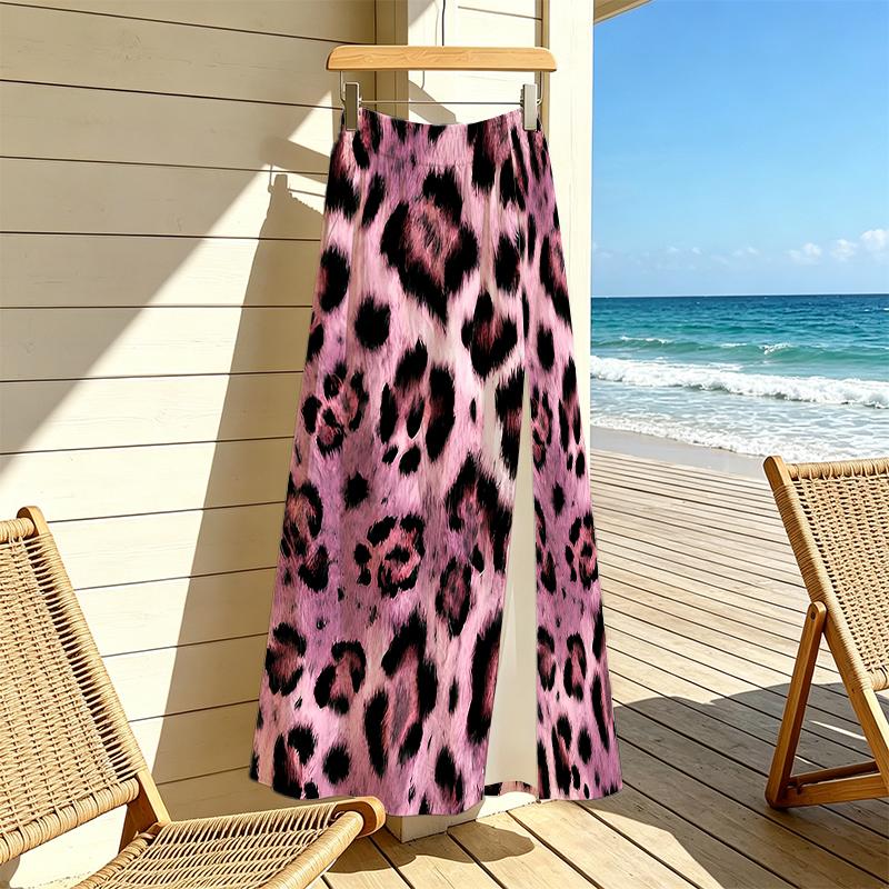High Waist Leopard Print Slit Maxi Skirt - Lightweight Versatile Light Mature Chic for Beach Vacation & Daily Casual