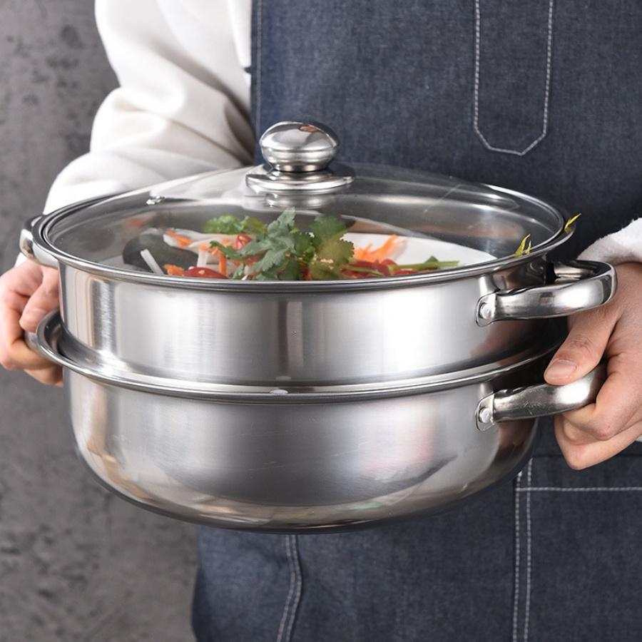 Stainless Steel Double-layer Steaming Pot, Soup Steaming Dual-purpose Pot with Steaming Basket, Thickened 28CM Steaming Pot