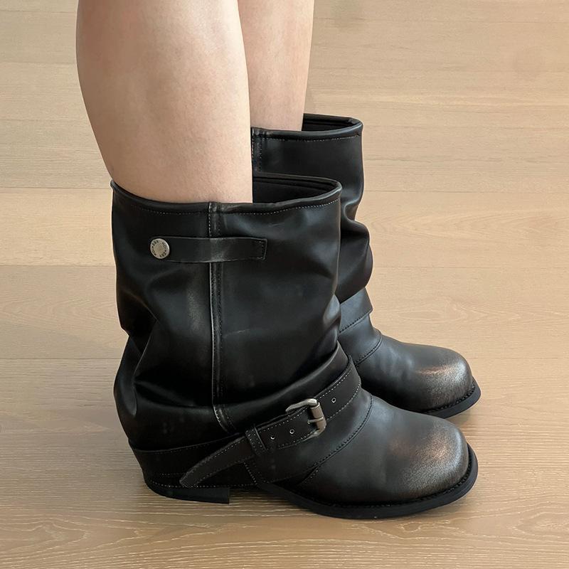 

Cowhide~ Retro Pleated Pile Boots Women s Thick Heel Black Medium Boots Western Boots Martin Boots Knight Boots 35