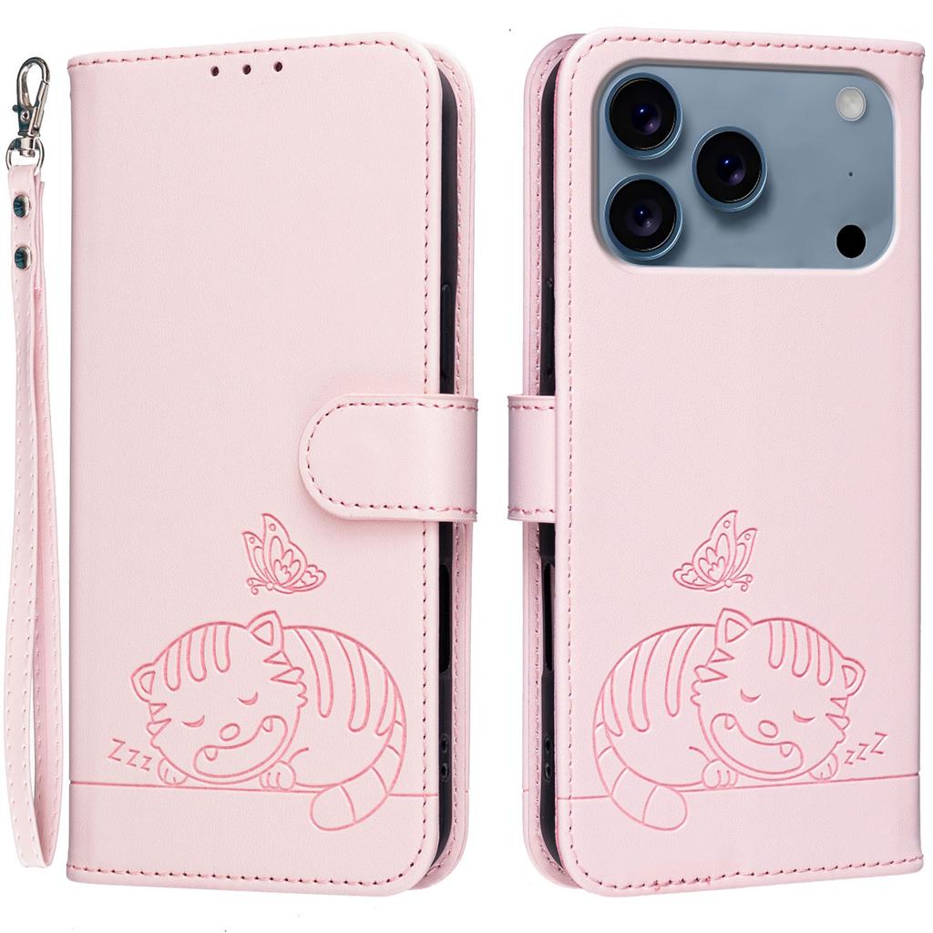 Für iPhone 17 Pro Hülle RFID-blockierende Geldbörse Ständer Geprägtes Katzenmuster Leder Klapphandyhülle mit Armband