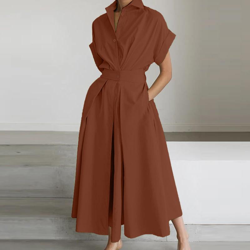 ZANZEA Women Turn Down Collar Short Sleeve Casual Long Shirt Dress