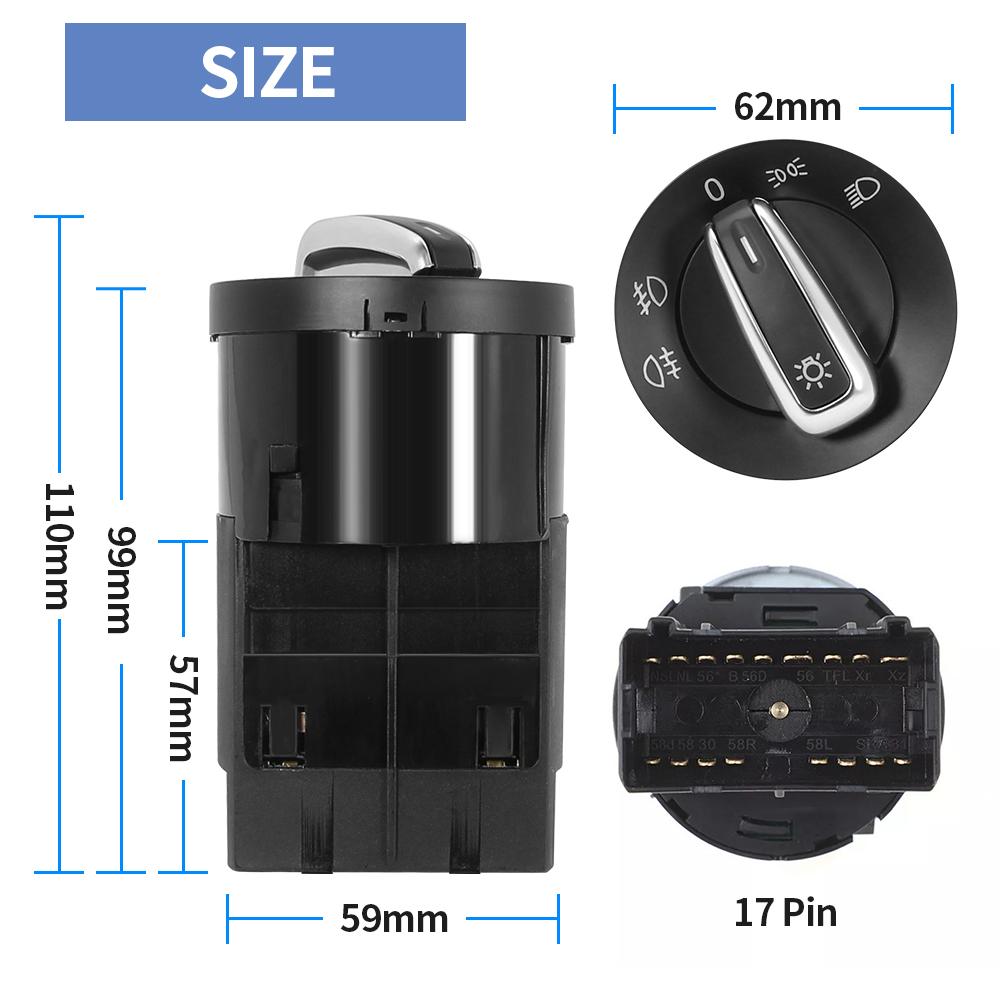 Headlight Control Fog Lamp Switch for VW Jetta Bora Golf MK4 Passat B5 Beetle T5 Polo 9N Sharan Fog Light Replace Parts 17 Pins