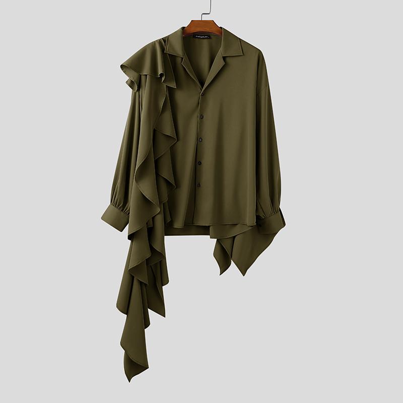 

INCERUN Мужские элегантные рубашки топы с длинным рукавом, с большим лацканом, с оборками, в стиле пэчворк XL зелёный