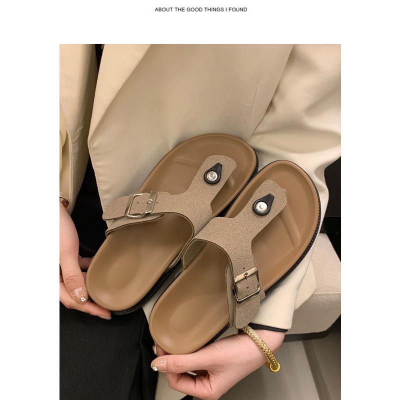 Thick Soled, Slipper, Summer, Outerwear, Toe Clip, Flat Strap, Adjustable, Square Buckle, Thick Soled Slipper, Flip Flops