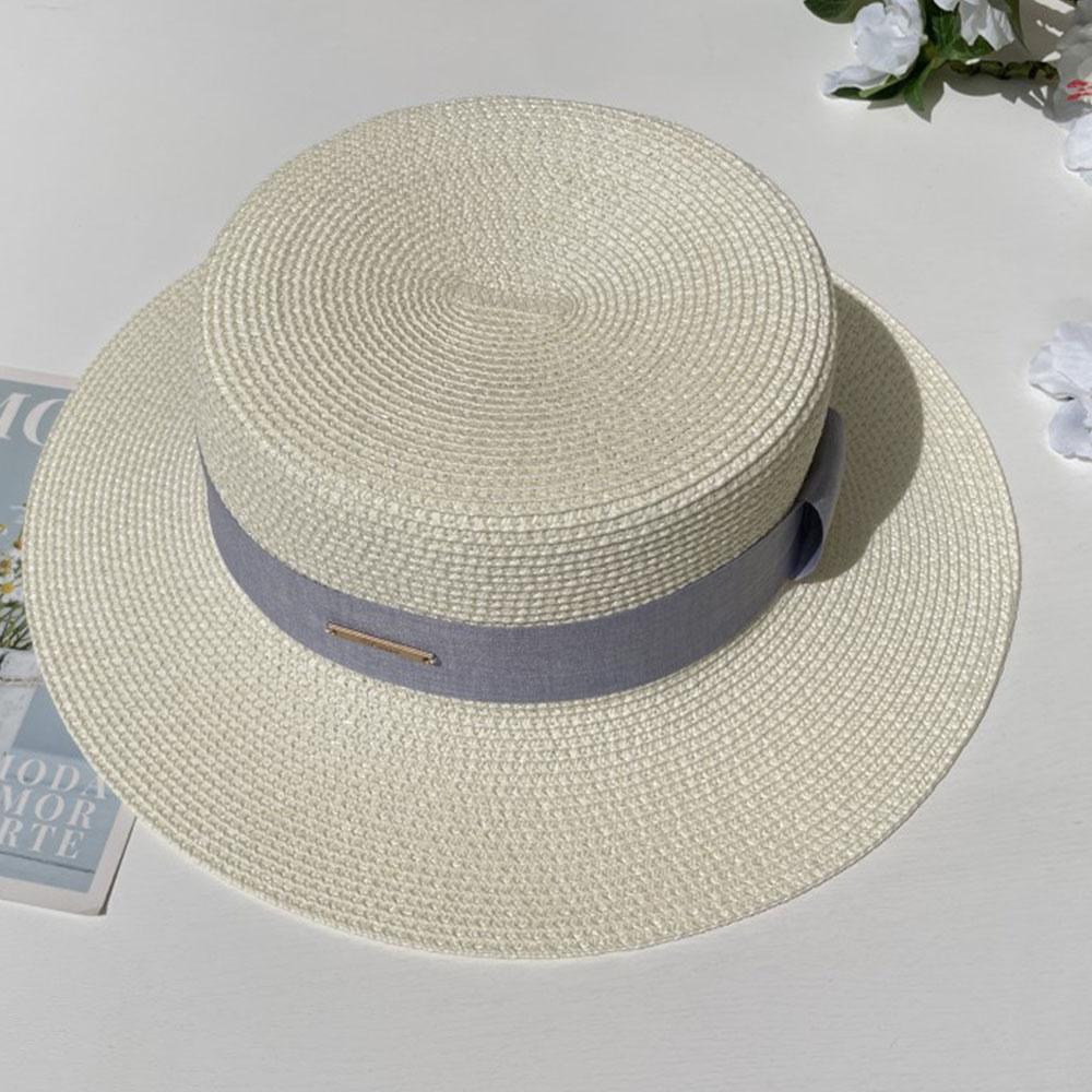 Luxury Elegant Women Summer Straw Hat Flat Top Boater Cap Folds Silk Pearl Decor Hand Weave Wide Brim Sun Hat Panama Fedora