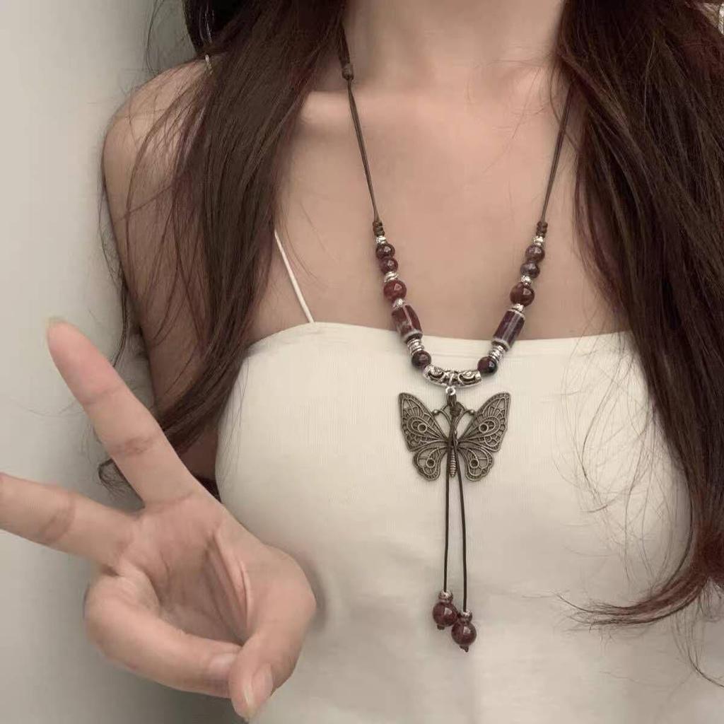 Colier Medieval Zen Ceramic cu Mărgele Fluture - Damă Lung, Ajustabil, Accesoriu Stil Etnic Chinezesc