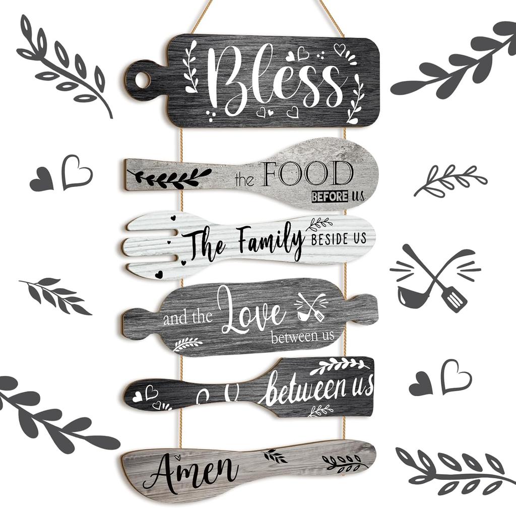 Geetery 6 Pcs Bless The Food Before Us Sign Farmhouse Kitchen Wall Decor Dining Room Decorations Collage Wall Rustic Hanging Wooden