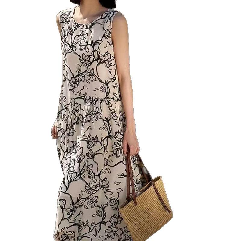 Elegant French Style Ink Print Sleeveless Dress, Round Neck, Spring 2026 Arrival