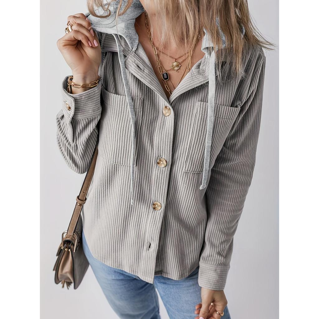 Women's Corduroy Jacket Casual Long Sleeved Hooded Button Down Short Jacket with Pockets