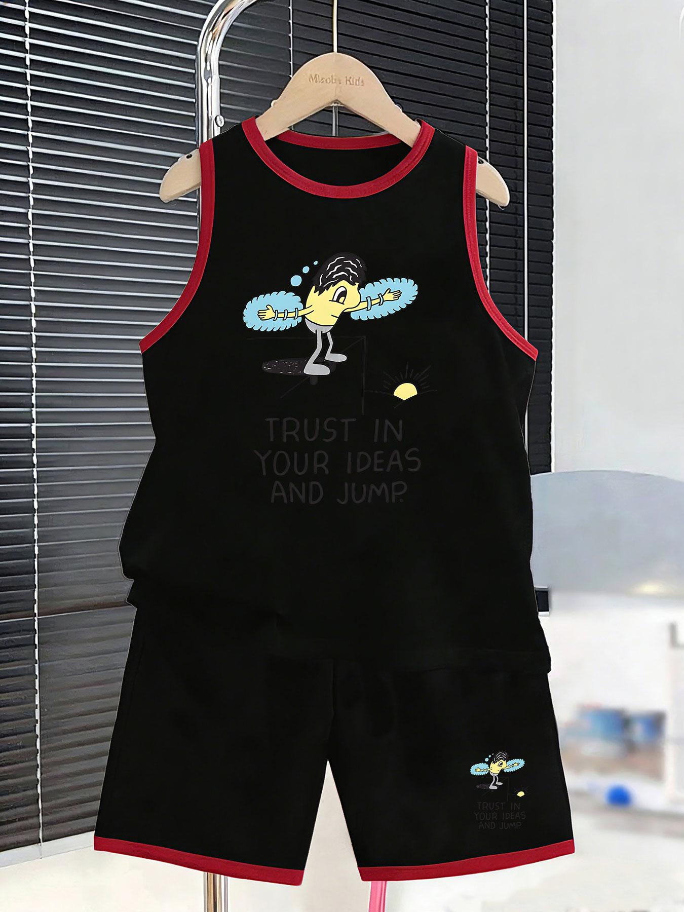 

Boys creative jumping cartoon motivational set. Positive artwork print, comfy breathable fabric for everyday casual outfits. 7Y