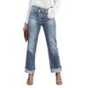 Ladies' Solid Color Casual Versatile Mid Waist Straight Leg Denim Straight Leg Jeans With Fringed Edges