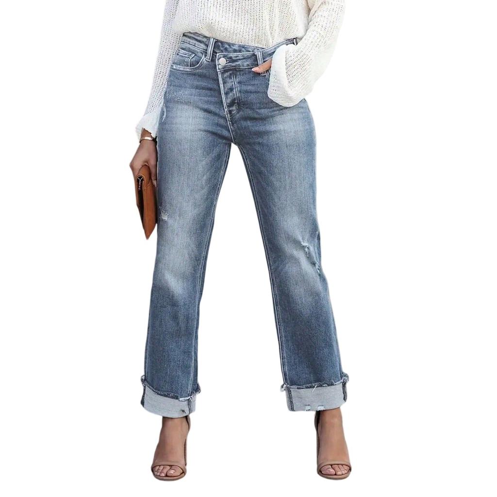 Ladies' Solid Color Casual Versatile Mid Waist Straight Leg Denim Straight Leg Jeans With Fringed Edges