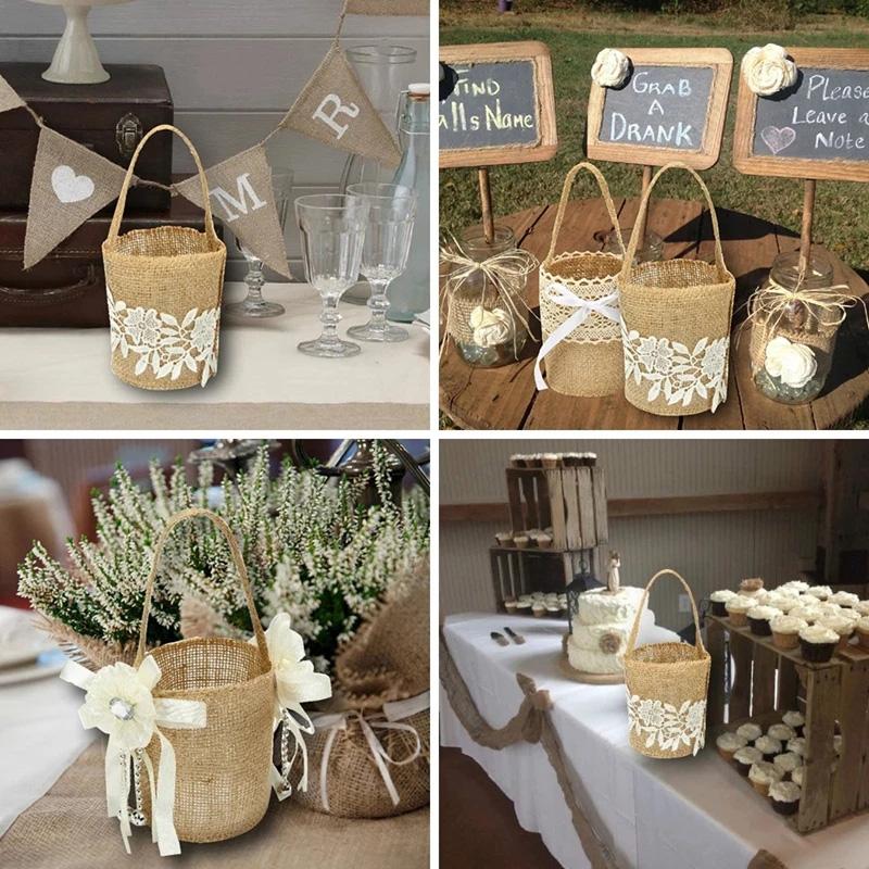 Wedding Lace Burlap Flower Basket Linen Handle Vintage Flower Basket Rustic Wedding Ceremony Lace Satin Flower Basket