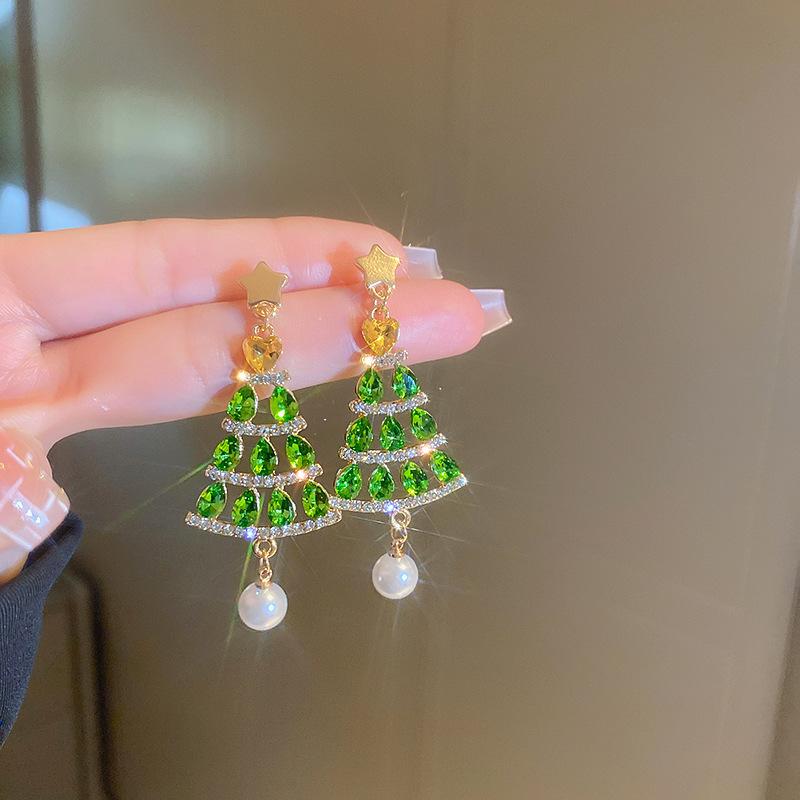 Star-studded Christmas tree imitation pearl fringed silver needle earrings fashion light luxury temperament earrings