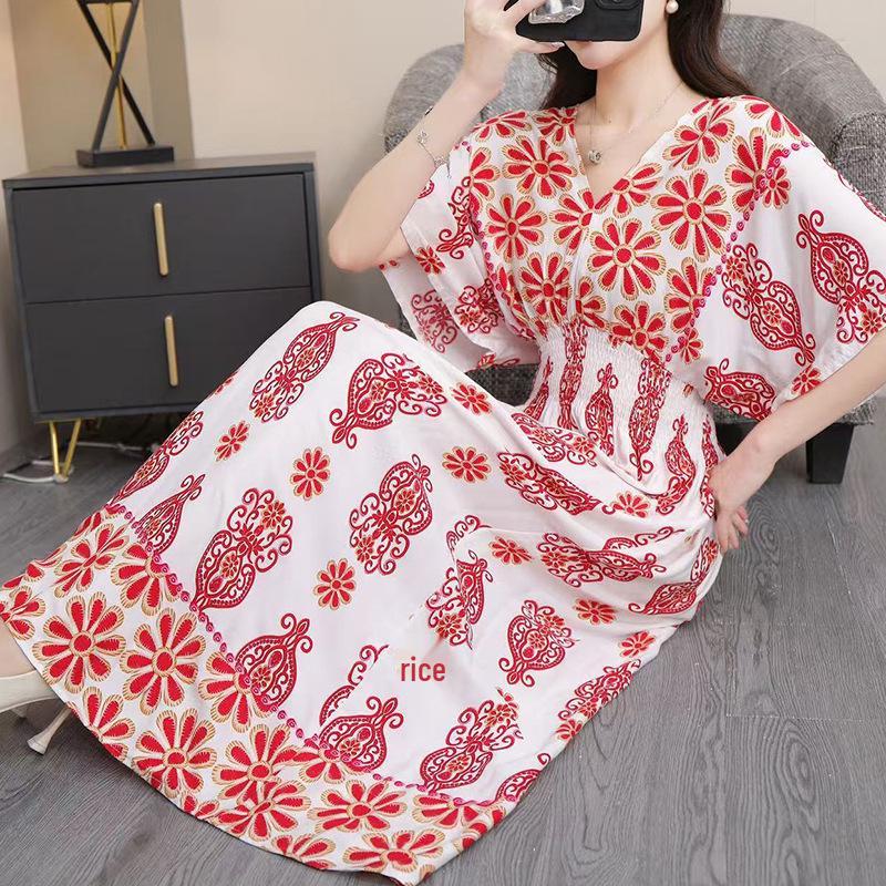 25th Anniversary Ethnic V-Neck Rayon Short Sleeve French-Thai Print Holiday Dress for Women