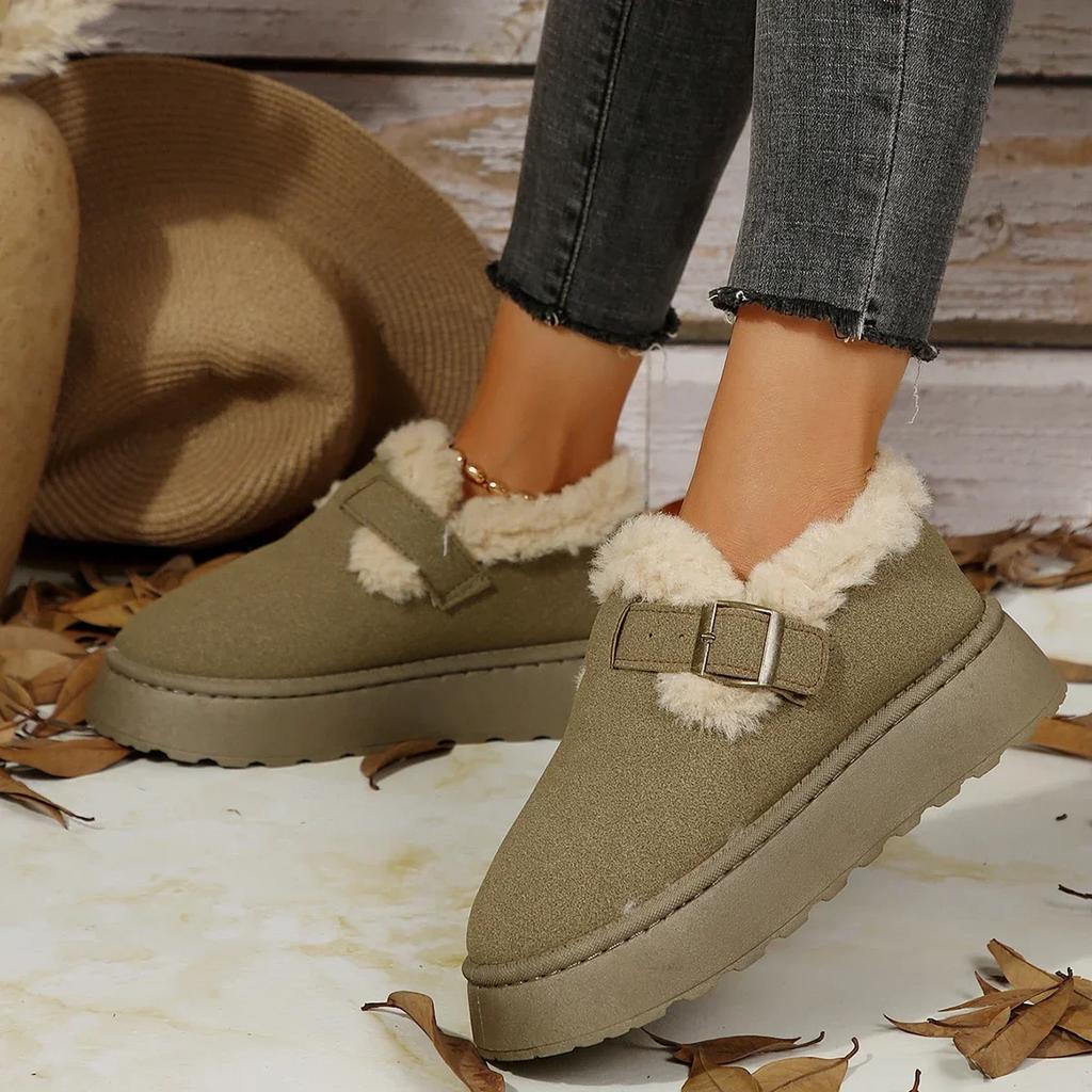 Neue Damen Schuhe Slipper Damen Stiefel Winter Runde Zehenpartie Einfarbig Wildleder Plüsch Warm Mittelhoch Absatz Schneestiefel Schwarz Botas Mujer