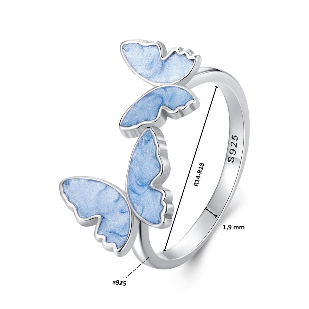 Silver universal ring with blue butterflies, silver 925