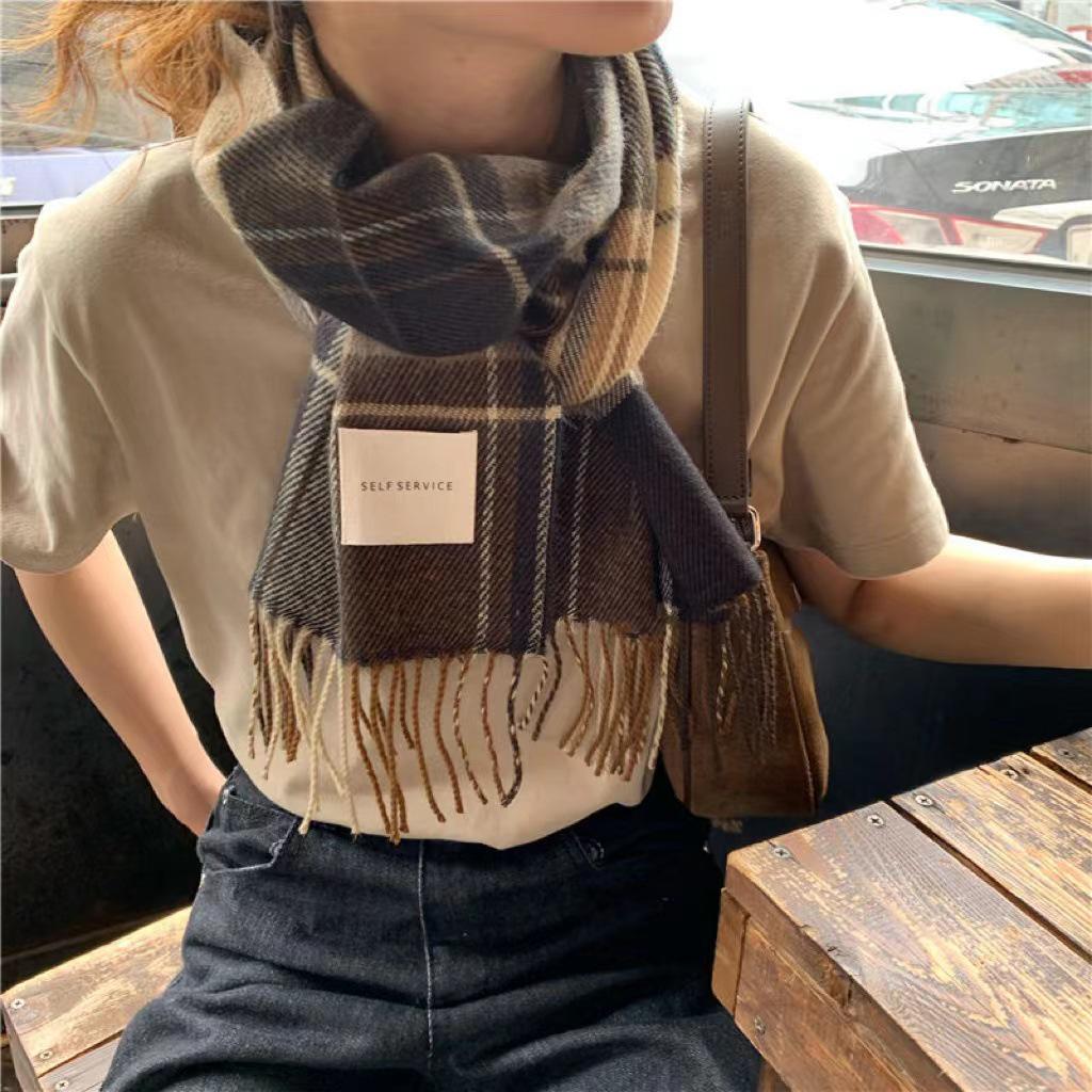 Korean Style Plaid Thickened Winter Shawl Scarf for Women