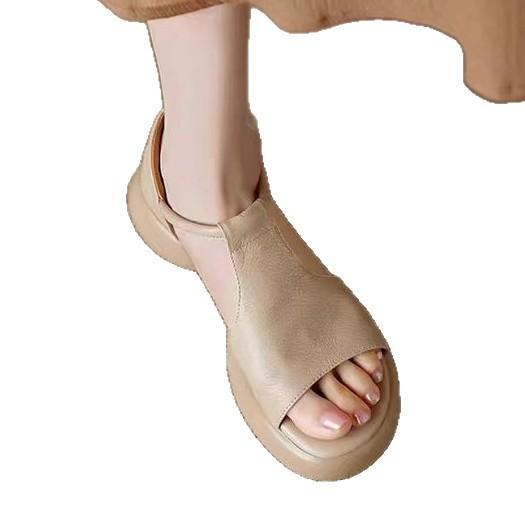 Huge Good-looking Soft Leather Soft-soled Retro Casual Open-toed Sandals Women's Summer Medium Heel Thick-soled Fish Mouth Roman Shoes Are Not Tired