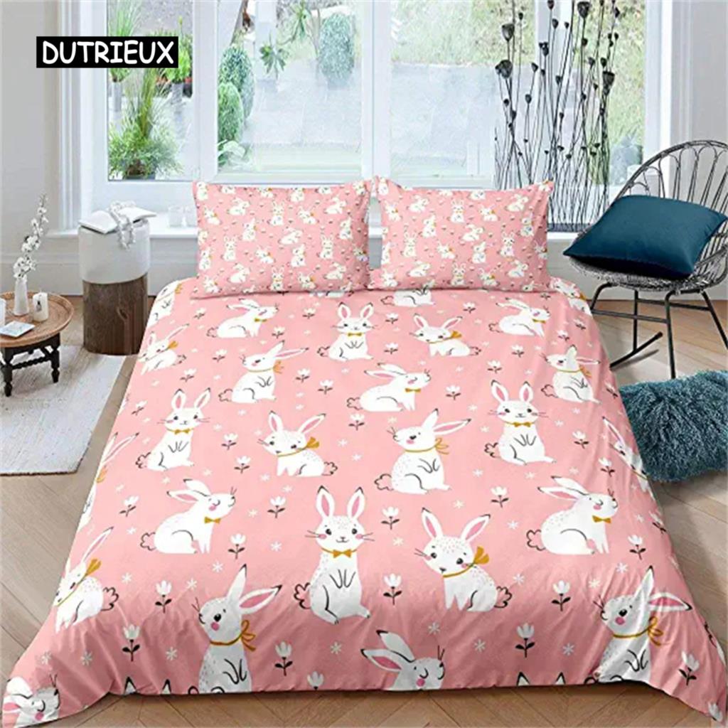 Easter Rabbit Duvet Cover Easter Bedding Set Floral Cute Rabbit Pet Queen Size Kawaii Presents Easter Day Gifts for Toddlers