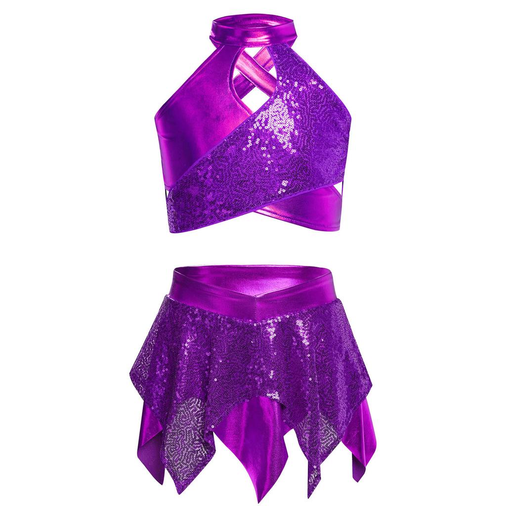 Mädchen Jazz Tanzkostüm Überkreuztes Schlüsselloch Glänzende Pailletten Metallic Crop Top Asymmetrischer Rock Performance Outfit