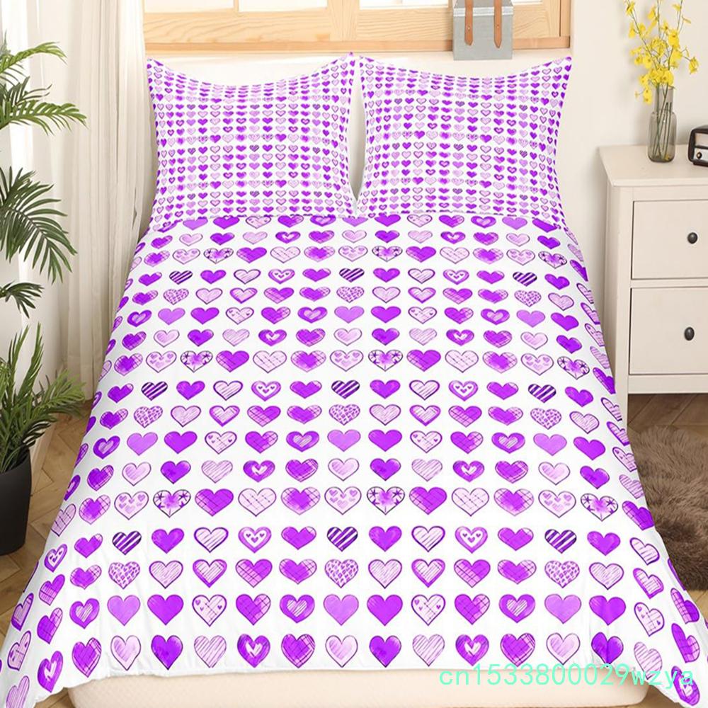 Valentinstag Bettwäsche Set Doodle Stil Kleines Herz Bettbezug Lila Rot Bettdeckenbezug Liebe Thema Polyester Steppdeckenbezug