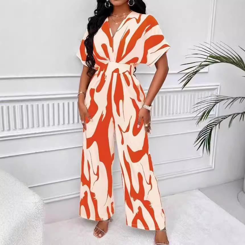 Tuta Scollo a V Manica a Pipistrello - Elegante Palazzo a Gamba Larga con Silhouette Fluida, Raffinato Monopezzo da Donna per Vacanze Chic