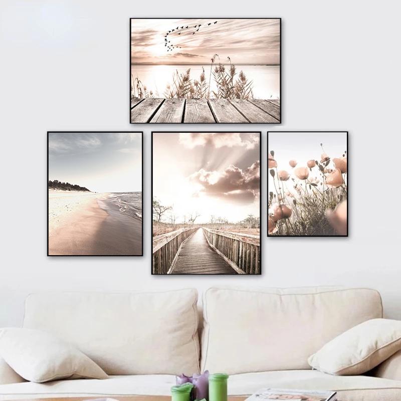 Beach Lake Scenery Canvas Painting Wall Art Pictures Posters Sunrise Sunset Reed Prints for Modern Home Interior Room Decor