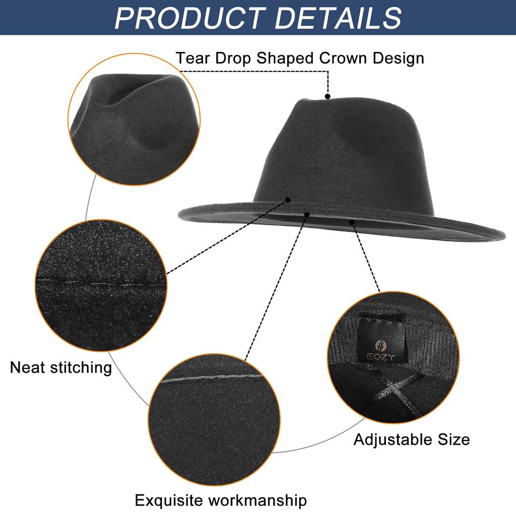 GEMVIE Felt Wide Soft Suitable for Outdoor and Travel Use Men's Hat, Brim, Hat, Casual, Black,